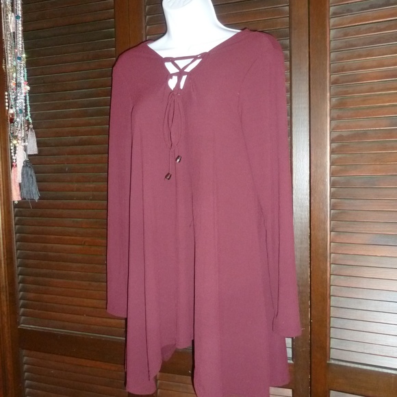 Dark Burgundy Tunic Top, Tie Front, Long Sleeve, M - Picture 2 of 7